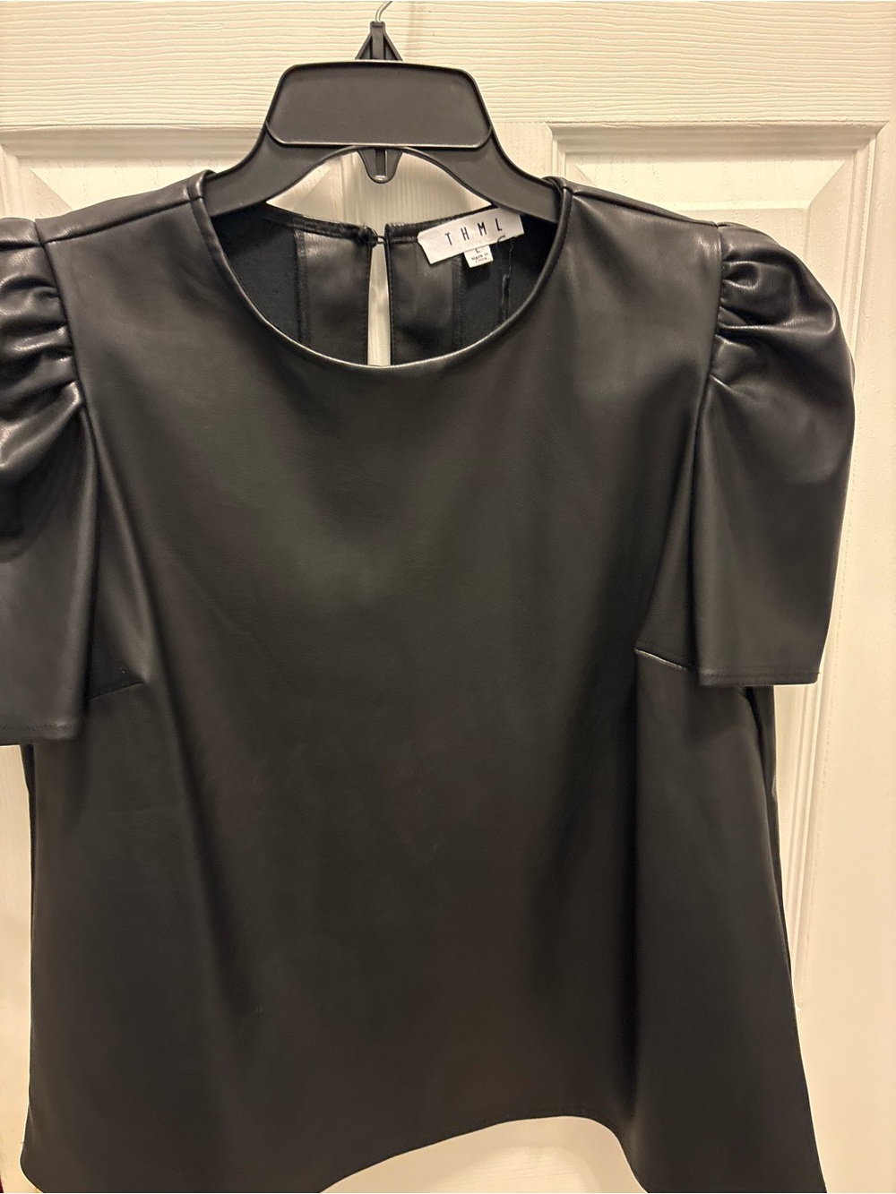 THML Black Faux Leather Puff-Sleeve Blouse